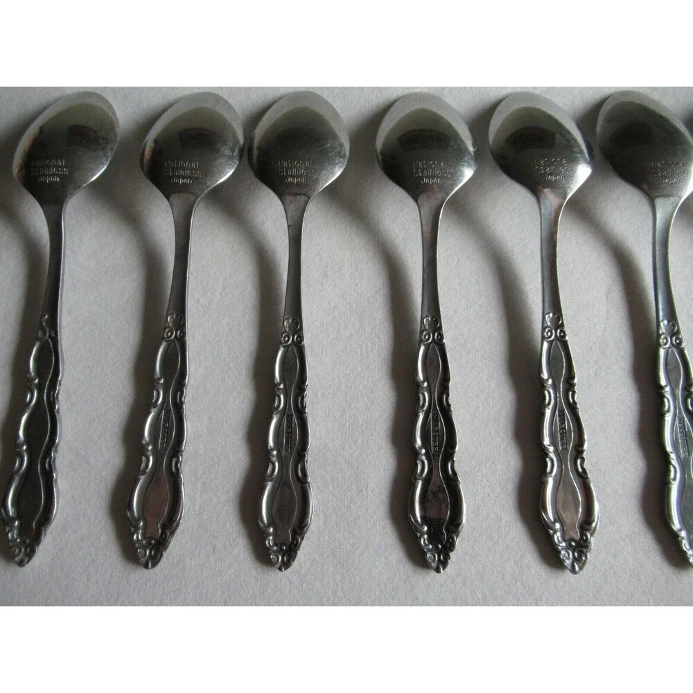 Lot of 9 National Stainless Marquee 8 Teaspoon +1 Sugar Spoon Japan Vintage 6.2
